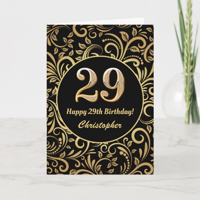 29th Birthday Black and Gold Floral Pattern Card (Front)
