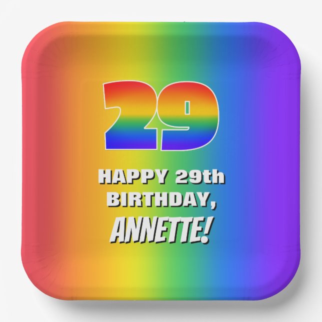 29th Birthday: Colourful, Fun Rainbow Pattern # 29 Paper Plate (Front)