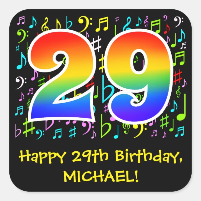 29th Birthday: Colourful Music Symbols, Rainbow 29 Square Sticker (Front)