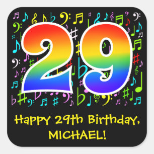 29th Birthday: Colourful Music Symbols, Rainbow 29 Square Sticker