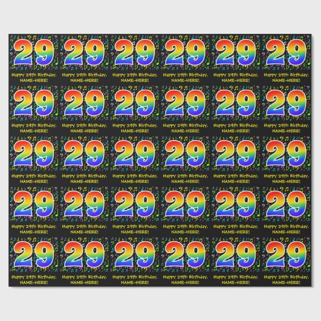 29th Birthday: Colourful Music Symbols, Rainbow 29 Wrapping Paper (Flat)