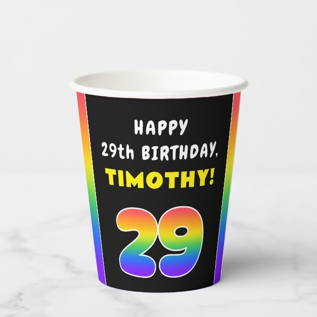 29th Birthday: Colourful Rainbow # 29, Custom Name Paper Cups (Back)