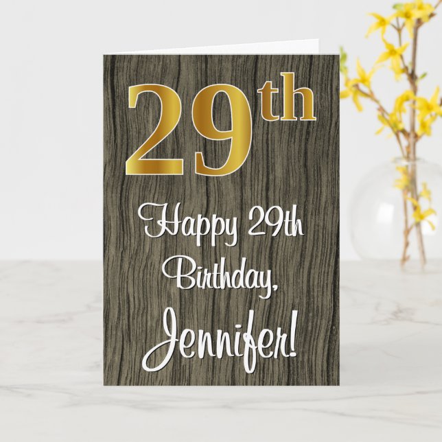 29th Birthday: Elegant Faux Gold Look #, Faux Wood Card (Yellow Flower)