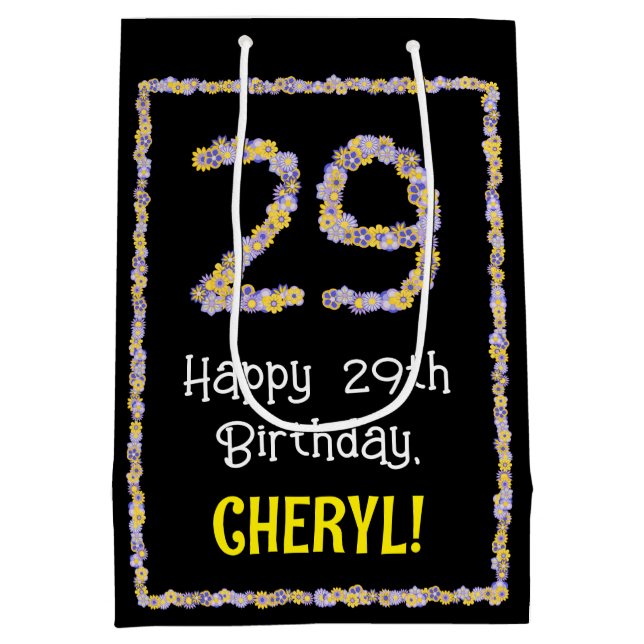 29th Birthday: Floral Flowers Number, Custom Name Medium Gift Bag (Back)