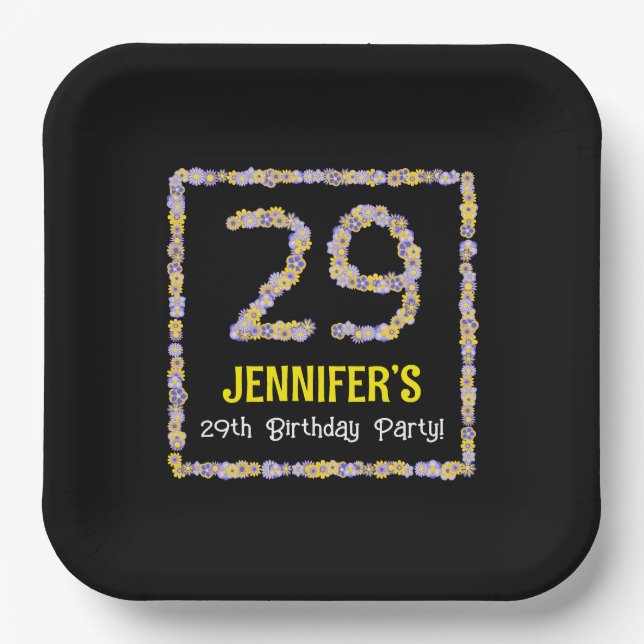 29th Birthday: Floral Flowers Number, Custom Name Paper Plate (Front)