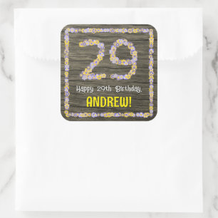 29th Birthday: Floral Number, Faux Wood Look, Name Square Sticker