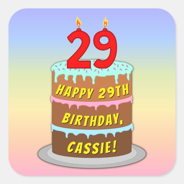 29th Birthday: Fun Cake and Candles + Custom Name Square Sticker (Front)