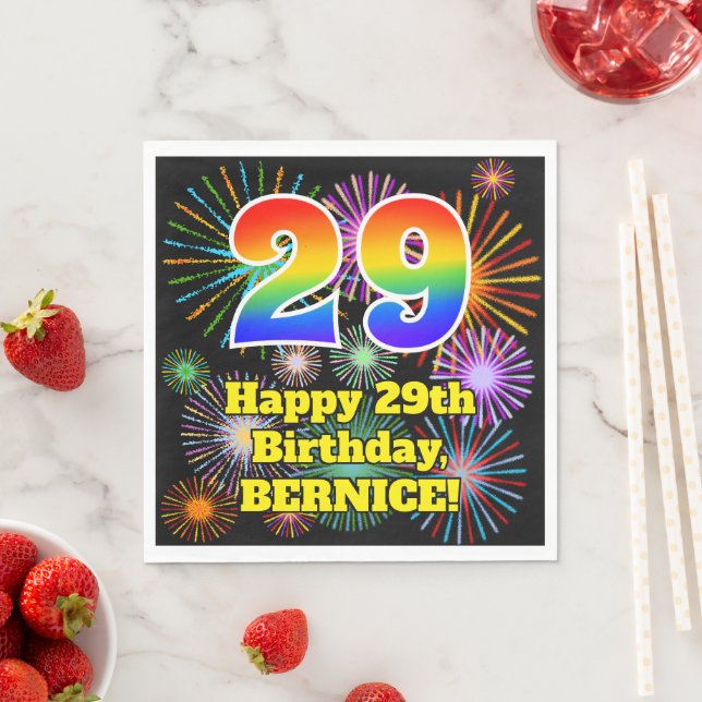 29th Birthday: Fun Fireworks Pattern + Rainbow 29 Napkin (Insitu)