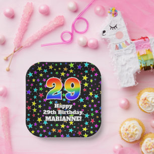 29th Birthday: Fun Stars Pattern and Rainbow “29” Paper Plate