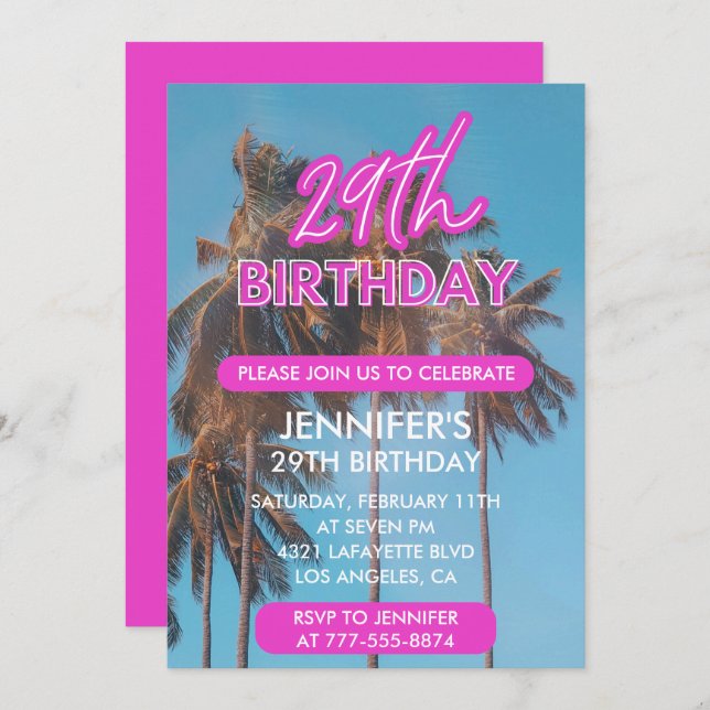 29th birthday invitation Summer Pink Palm tree (Front/Back)