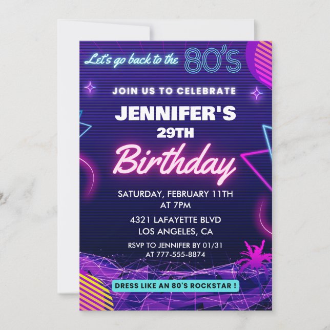 29th birthday invitations Back To The 80s Party (Front)