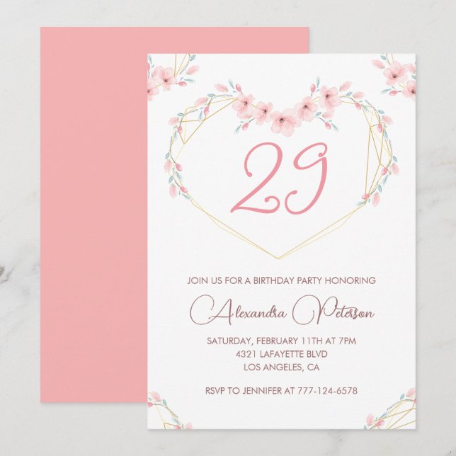 29th birthday invitations Boho Floral Pink (Front/Back)