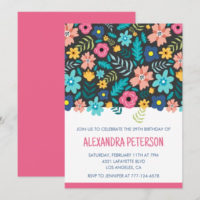 29th birthday invitations Floral Pattern Pink (Front/Back)