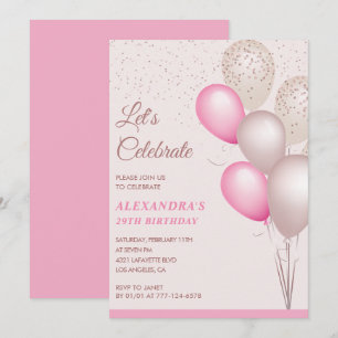 29th birthday invitations Pink Balloons Confetti