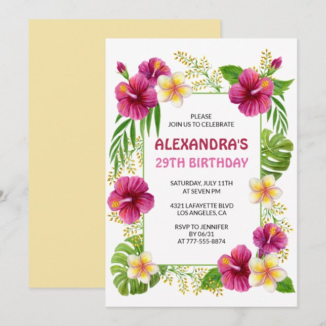 29th birthday invitations Tropical Floral Pink (Front/Back)