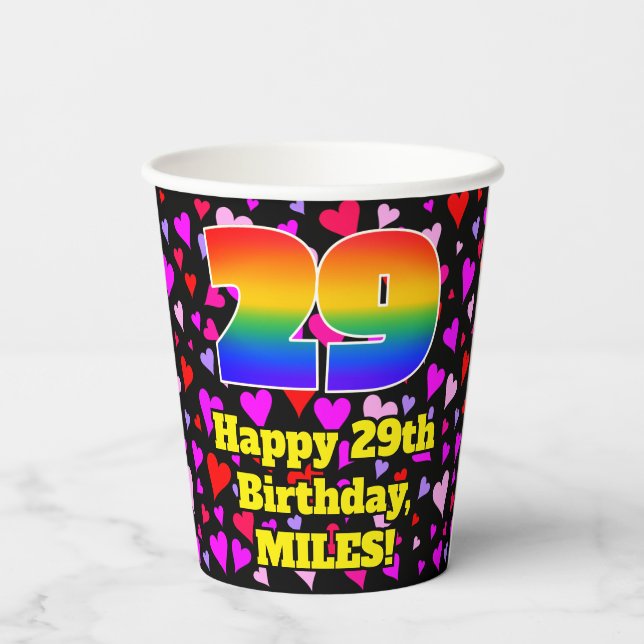 29th Birthday: Loving Hearts Pattern, Rainbow 29 Paper Cups (Back)