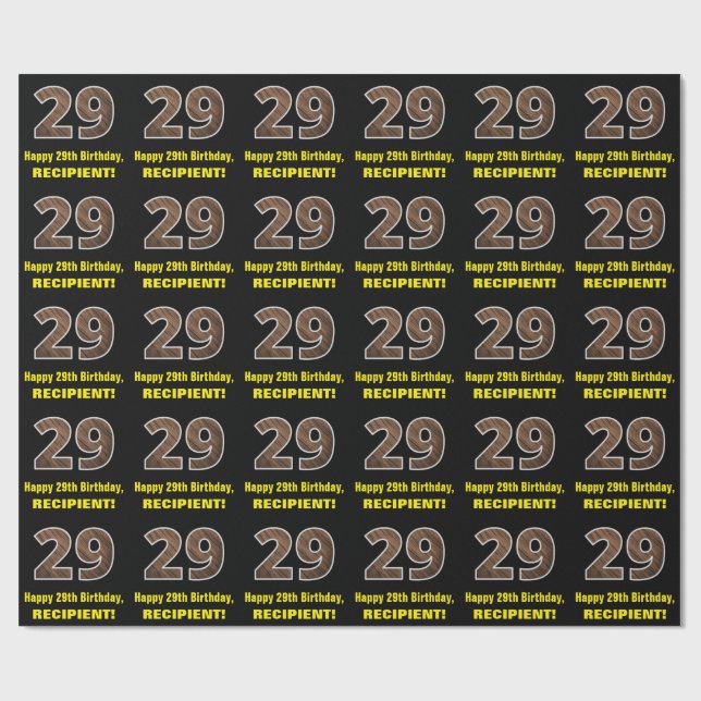 29th Birthday: Name & Faux Wood Grain Pattern "29" Wrapping Paper (Flat)
