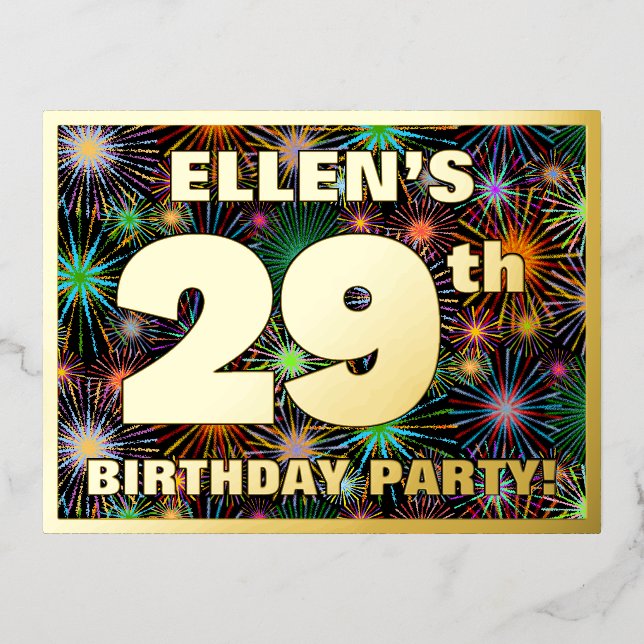 29th Birthday Party: Bold, Colourful Fireworks Loo Foil Invitation Postcard (Front)