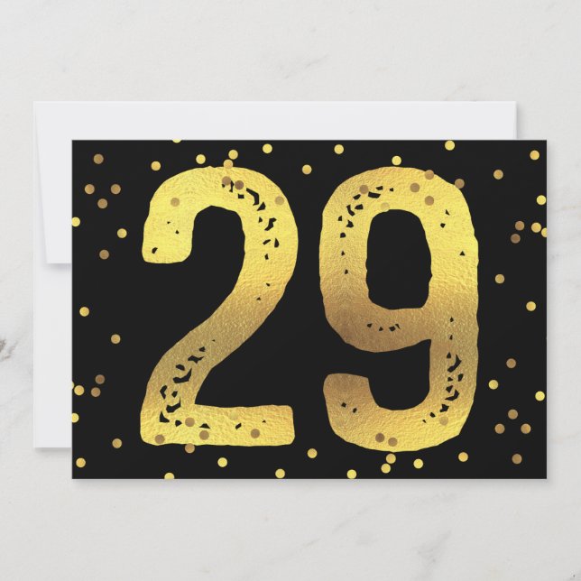 29th Birthday Party Faux Gold Foil Confetti Black Invitation (Front)