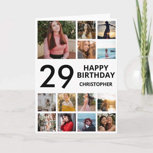 29th Birthday Photo Collage 13 Photos Black White Card (Front)