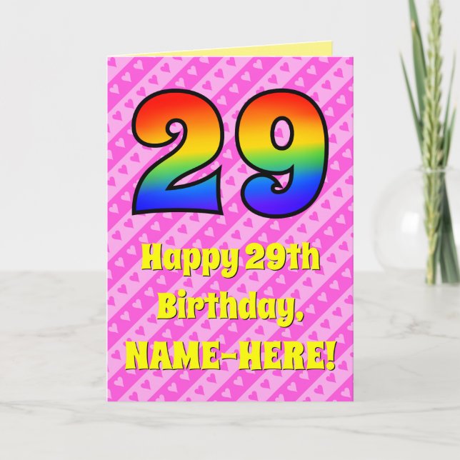 29th Birthday: Pink Stripes & Hearts, Rainbow # 29 Card (Front)