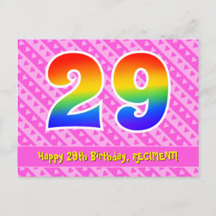 29th Birthday: Pink Stripes & Hearts, Rainbow 29 Postcard