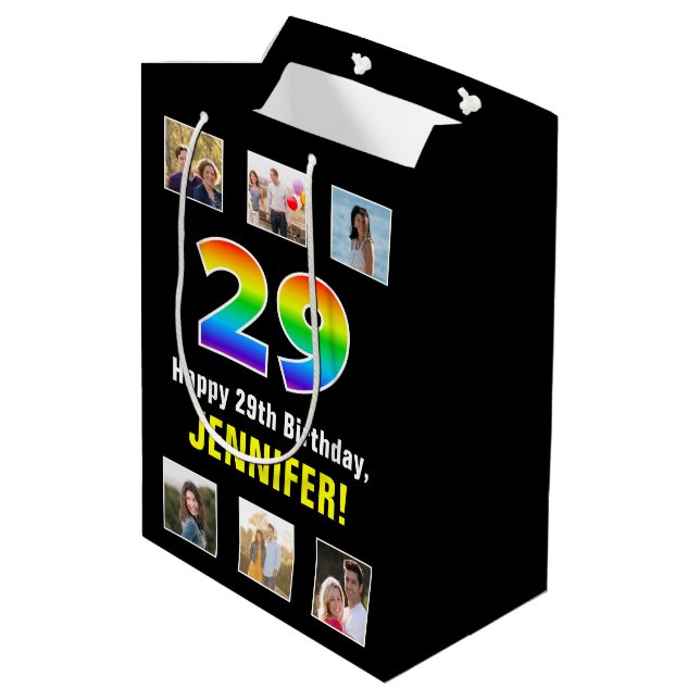 29th Birthday: Rainbow “29“, Custom Photos & Name Medium Gift Bag (Back Angled)