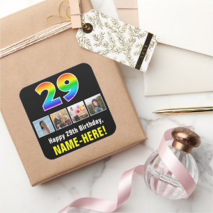 29th Birthday: Rainbow “29”; Custom Photos & Name Square Sticker