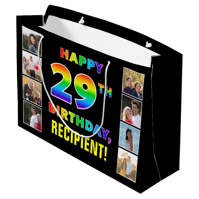 29th Birthday: Rainbow Text, Custom Photos & Name Large Gift Bag (Back Angled)