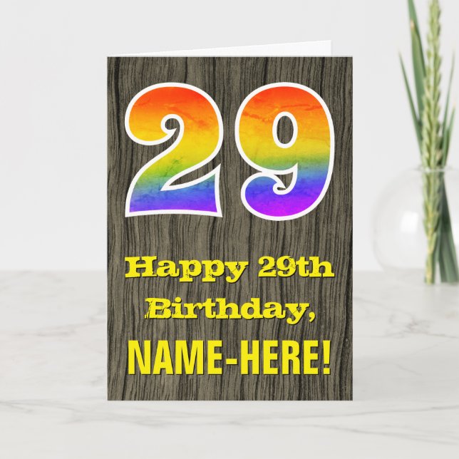 29th Birthday: Rustic Faux Wood Look, Rainbow "29" Card (Front)