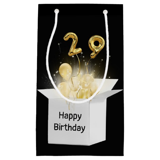29th Gold Birthday Balloons in White Box Small Gift Bag (Front)