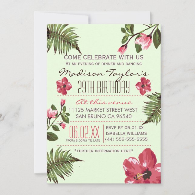 29th Party Exotic Hibiscus & Tropical Palm Leaves Invitation (Front)