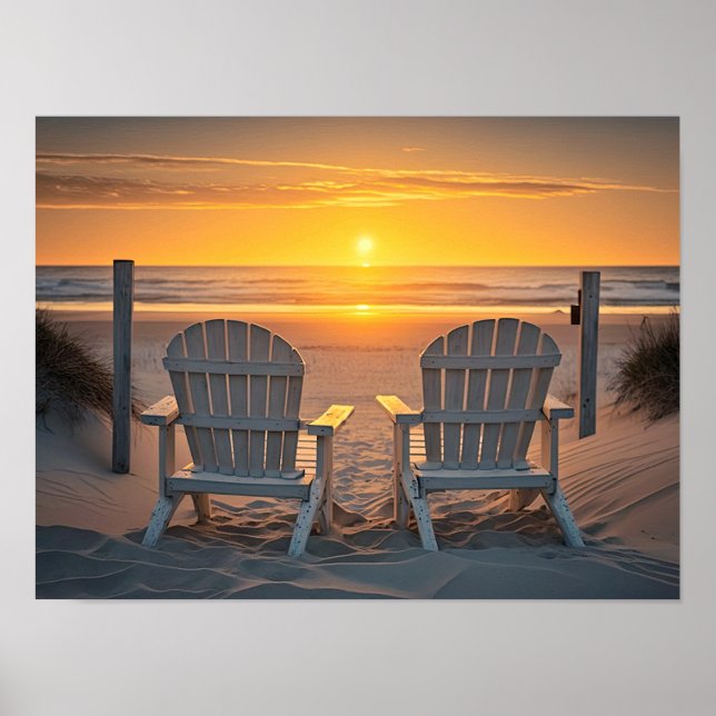 2 Adirondack Chairs on the Beach Vivid Sinset Poster (Front)