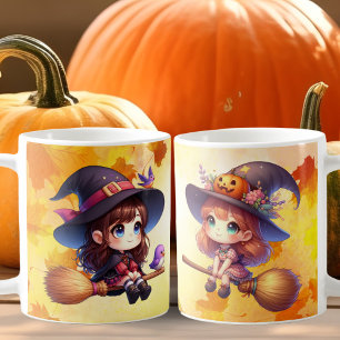 2 Adorable Cute Witch with brooms, Halloween Coffee Mug