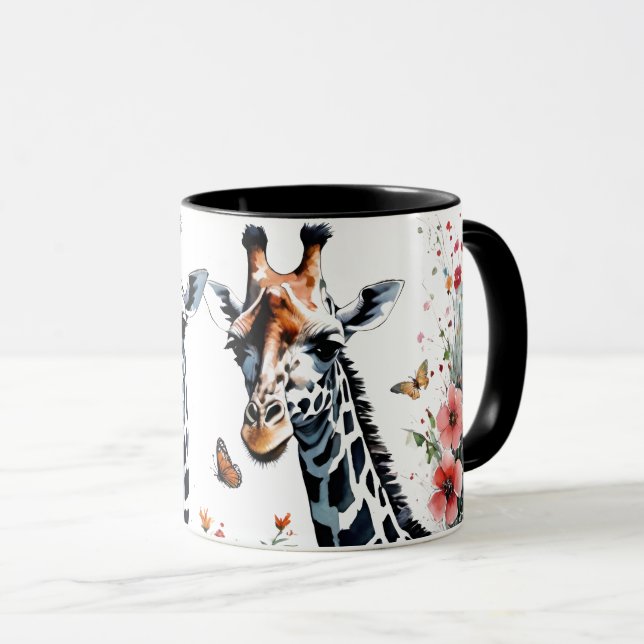 2 Adorable Giraffes Floral with Butterflies Mug (Front Right)