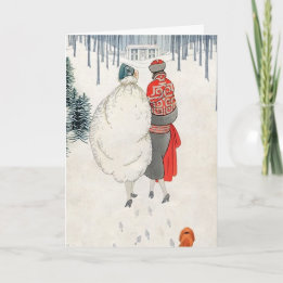 2 Art Deco Women Walking in Snow 1923 Holiday Card