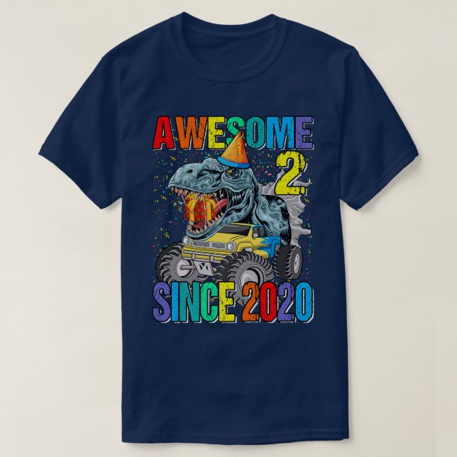 2 Awesome Since 2020 Dinosaur Monster Truck 2nd Bi T-Shirt (Design Front)