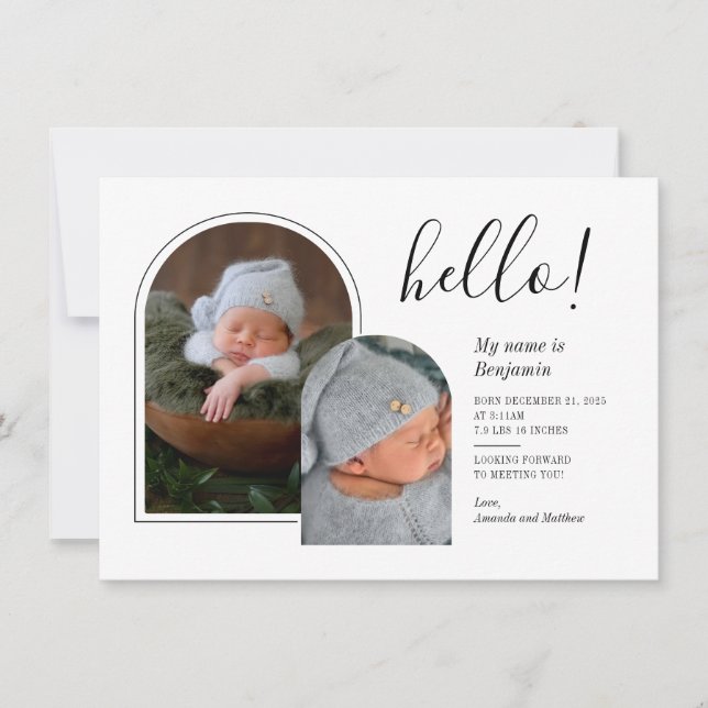 2 Baby Photos Hand-Lettered Birth Announcement (Front)