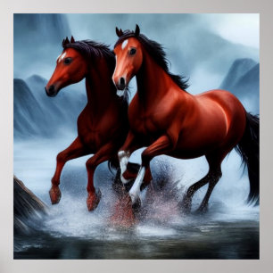 2 Beautiful wild chestnut horse in the river Poster