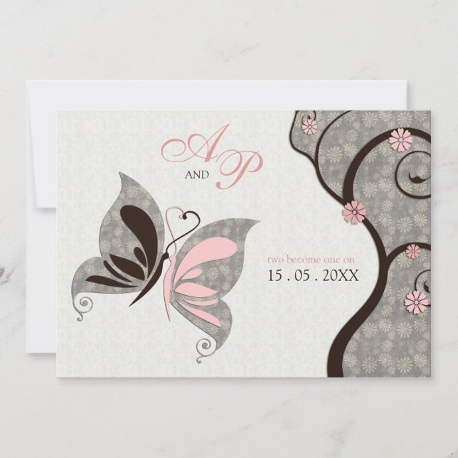 2 Become 1 Kissing Butterflies Wedding Invitation (Front)
