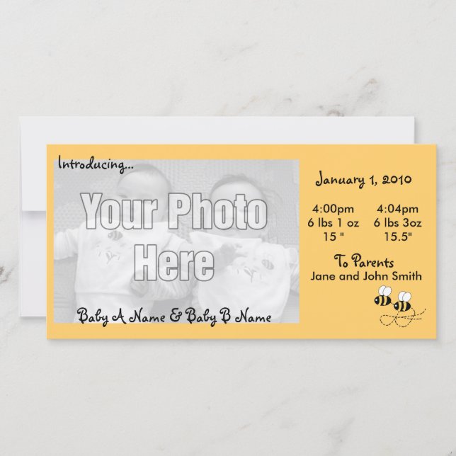 2 Bees Twins Photo Birth Announcement (Front)