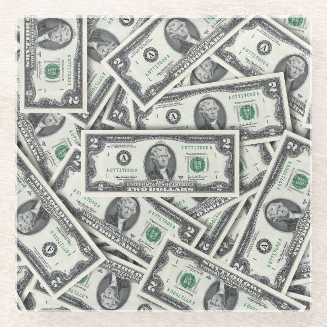 $2 Bill Money Pattern Glass Coaster (Front)