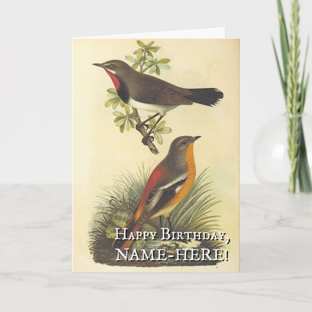 2 Birds, Vintage Look Birthday Greeting Card (Front)