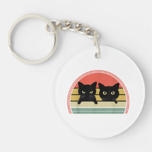 2 Black Cats Peeking Vintage Retro Cat Animal Love Key Ring