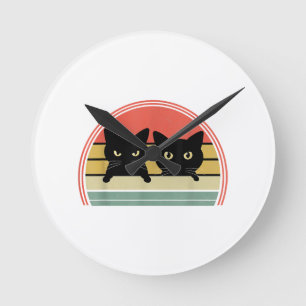 2 Black Cats Peeking Vintage Retro Cat Animal Love Round Clock