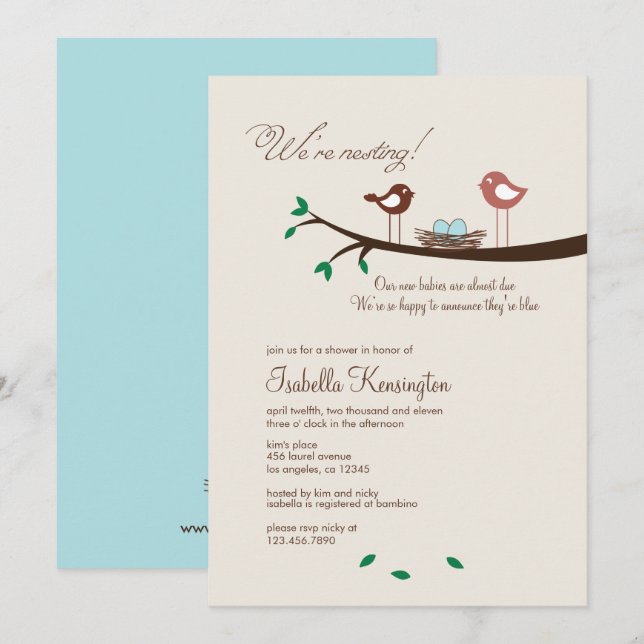 2 Blue Eggs Twin Boys Baby Shower Invitation (Front/Back)