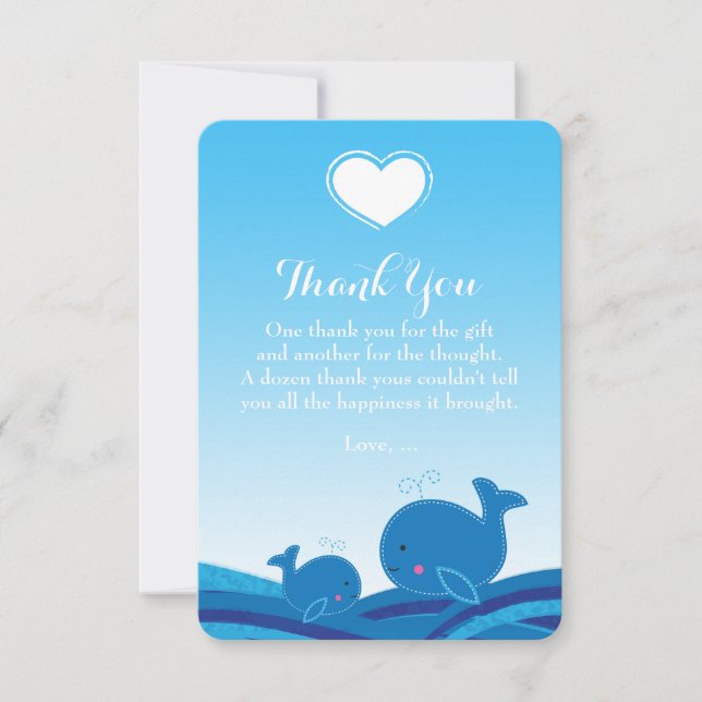2 Blue Whales Baby Shower Thank You Cards (Front)