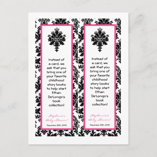 2 Book Marks Hot Pink Black Damask Invitation Postcard (Front)