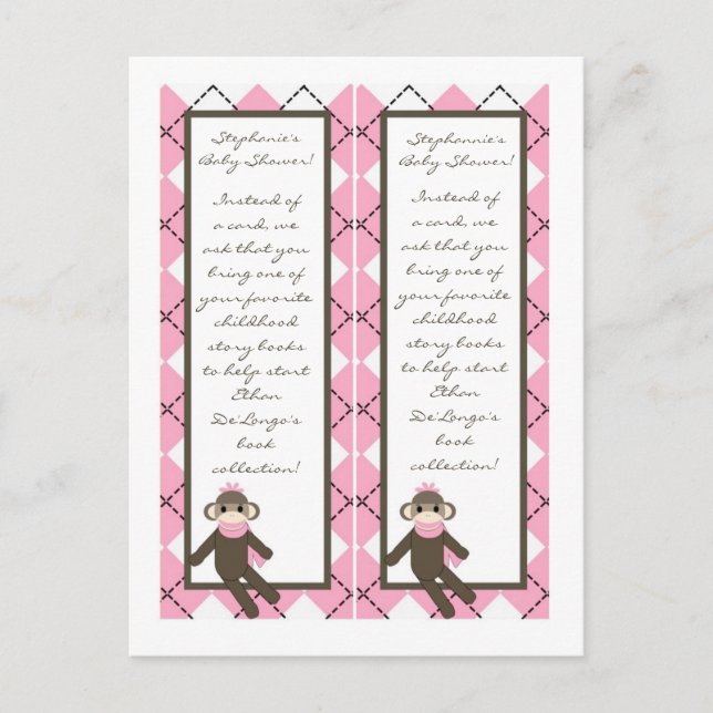 2 Book Marks Pink Sock Monkey Argyle Invitation Postcard (Front)