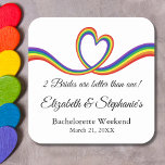 2 Brides Are Better Than One Lesbian Bachelorette  Square Sticker<br><div class="desc">Make your bachelorette party or weekend extra special with our Rainbow Heart Lesbian Bachelorette Stickers! Designed to add a touch of pride and positivity to your celebration, they feature a vibrant LGBTQ rainbow heart graphic, perfect for celebrating love and friendship. Customise with both of the brides' names and details for...</div>